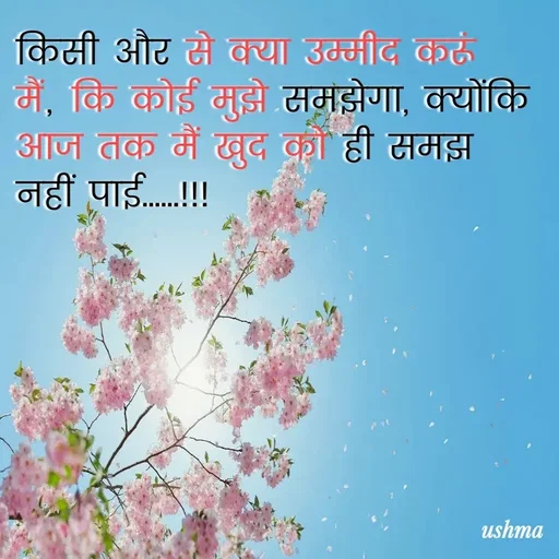 Quote by Ushma - किसी और से क्या उम्मीद करूं मैं, कि कोई मुझे समझेगा, क्योंकि आज तक मैं खुद को ही समझ नहीं पाई......!!! - Made using Quotes Creator App, Post Maker App