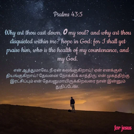 Quote by Joerlin Jesulan - Psalms 43:5

Why art thou cast down, O my soul? and why art thou disquieted within me? hope in God: for I shall yet praise him, who is the health of my countenance, and my God.

என் ஆத்துமாவே, நீ ஏன் கலங்குகிறாய்? ஏன் எனக்குள் தியங்குகிறாய்? தேவனை நோக்கிக் காத்திரு; என் முகத்திற்கு இரட்சிப்பும் என் தேவனுமாயிருக்கிறவரை நான் இன்னும் துதிப்பேன்.  - Made using Quotes Creator App, Post Maker App