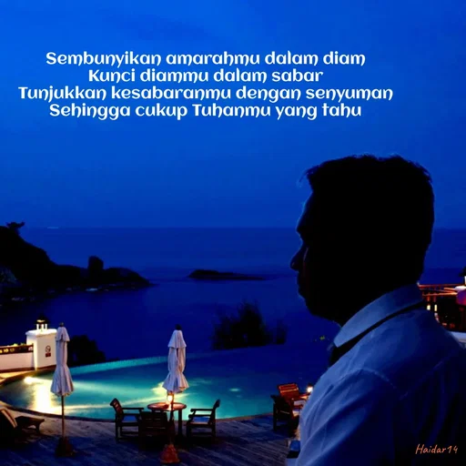 Quote by Ali Haidar - Sembunyikan amarahmu dalam diam
Kunci diammu dalam sabar
Tunjukkan kesabaranmu dengan senyuman
Sehingga cukup Tuhanmu yang tahu - Made using Quotes Creator App, Post Maker App