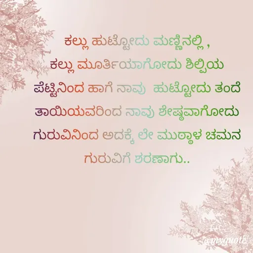 Quote by Star Chaman creation - ಕಲ್ಲು ಹುಟ್ಟೋದು ಮಣ್ಣಿನಲ್ಲಿ ,
ಕಲ್ಲು ಮೂರ್ತಿಯಾಗೋದು ಶಿಲ್ಪಿಯ ಪೆಟ್ಟಿನಿಂದ ಹಾಗೆ ನಾವು  ಹುಟ್ಟೋದು ತಂದೆ ತಾಯಿಯವರಿಂದ ನಾವು ಶೇಷ್ಠವಾಗೋದು ಗುರುವಿನಿಂದ ಅದಕ್ಕೆ ಲೇ ಮುಠ್ಠಾಳ ಚಮನ ಗುರುವಿಗೆ ಶರಣಾಗು.. - Made using Quotes Creator App, Post Maker App