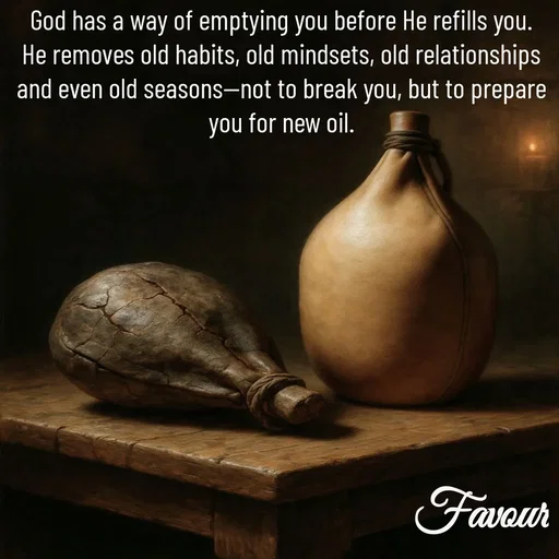 Quote by Favour - God has a way of emptying you before He refills you.
He removes old habits, old mindsets, old relationships and even old seasons—not to break you, but to prepare you for new oil. - Made using Quotes Creator App, Post Maker App