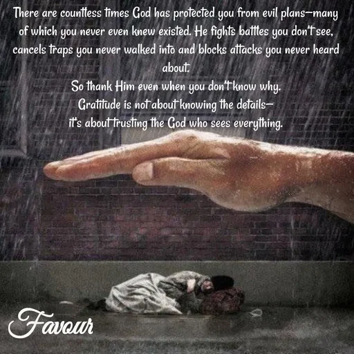 Quote by Favour - There are countless times God has protected you from evil plans—many of which you never even knew existed. He fights battles you don’t see, cancels traps you never walked into and blocks attacks you never heard about.
So thank Him even when you don’t know why.
Gratitude is not about knowing the details—
it’s about trusting the God who sees everything. - Made using Quotes Creator App, Post Maker App