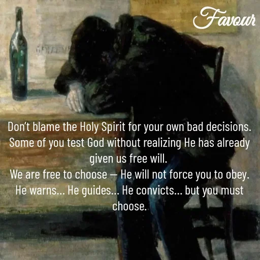 Quote by Favour - Don’t blame the Holy Spirit for your own bad decisions. Some of you test God without realizing He has already given us free will. 
We are free to choose — He will not force you to obey. He warns… He guides… He convicts… but you must choose. - Made using Quotes Creator App, Post Maker App