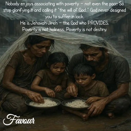 Quote by Favour - Nobody enjoys associating with poverty — not even the poor. So stop glorifying it and calling it “the will of God.” God never designed you to suffer in lack.
He is Jehovah Jireh — the God who PROVIDES.
Poverty is not holiness. Poverty is not destiny.
 - Made using Quotes Creator App, Post Maker App