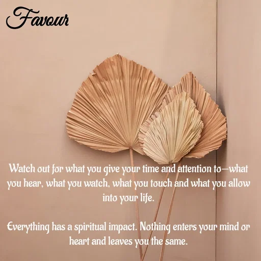 Quote by Favour - Watch out for what you give your time and attention to—what you hear, what you watch, what you touch and what you allow into your life.

Everything has a spiritual impact. Nothing enters your mind or heart and leaves you the same. - Made using Quotes Creator App, Post Maker App