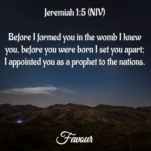 Quote by Favour - Jeremiah 1:5 (NIV)

Before I formed you in the womb I knew you, before you were born I set you apart;
I appointed you as a prophet to the nations. - Made using Quotes Creator App, Post Maker App