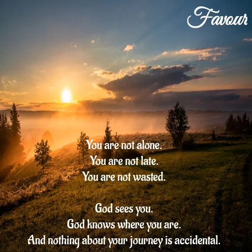 Quote by Favour - You are not alone.
You are not late.
You are not wasted.

God sees you.
God knows where you are.
And nothing about your journey is accidental.
 - Made using Quotes Creator App, Post Maker App