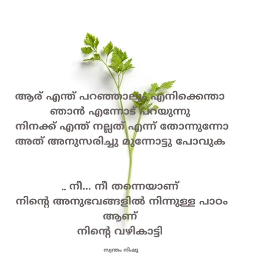 Quote by Nishusaji Nish - ആര് എന്ത് പറഞ്ഞാലും എനിക്കെന്താ 
ഞാൻ എന്നോട് പറയുന്നു 
നിനക്ക് എന്ത് നല്ലത് എന്ന് തോന്നുന്നോ അത് അനുസരിച്ചു മുന്നോട്ടു പോവുക 


.. നീ... നീ തന്നെയാണ് 
നിന്റെ അനുഭവങ്ങളിൽ നിന്നുള്ള പാഠം ആണ് 
നിന്റെ വഴികാട്ടി 

സ്വന്തം നിഷു  - Made using Quotes Creator App, Post Maker App