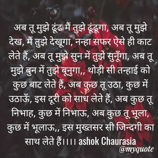Quote by Ashok Chourasiya - अब तू मुझे ढूंढ मैं तुझे ढूंढूगा, अब तू मुझे देख, मैं तुझे देखूगा, नन्हा सफर ऐसे ही काट लेते हैं, अब तू मुझे सुन में तुझे सुनूँगा, अब तू मुझे बुन में तुझे बूनुगा,, थोड़ी सी तन्हाई को कुछ बाट लेते हैं, अब कुछ तू उठा, कुछ में उठाऊँ, इस दूरी को साध लेते हैं, अब कुछ तू निभाह, कुछ में निभाऊ, अब कुछ तू भूला, कुछ में भूलाऊ,, इस मुख्तसर सी जिन्दगी का साथ लेते हैं।।।। ashok Chaurasia - Made using Quotes Creator App, Post Maker App