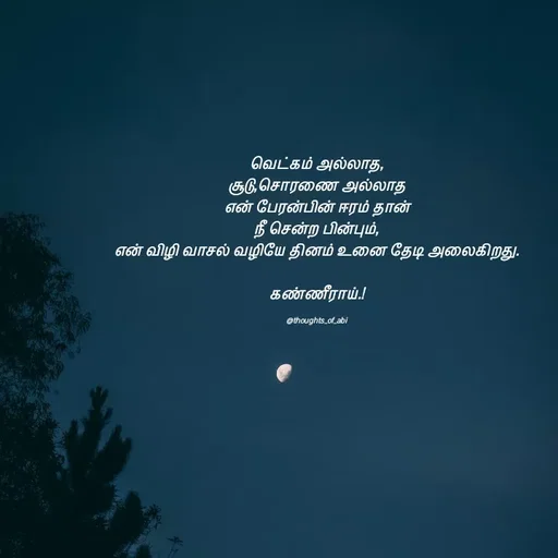 Quote by Abinaya Karthick - வெட்கம் அல்லாத,
சூடு,சொரணை அல்லாத
என் பேரன்பின் ஈரம் தான்
நீ சென்ற பின்பும்,
என் விழி வாசல் வழியே தினம் உனை தேடி அலைகிறது.

கண்ணீராய்.!

@thoughts_of_abi - Made using Quotes Creator App, Post Maker App
