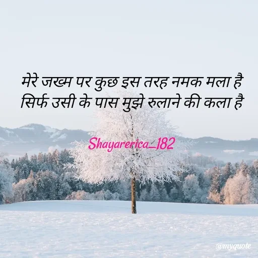 Quote by Shayar Erica - मेरे जख्म पर कुछ इस तरह नमक मला है
सिर्फ उसी के पास मुझे रुलाने की कला है

Shayarerica_182 - Made using Quotes Creator App, Post Maker App
