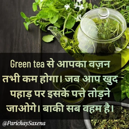 Quote by Parichay Saxena - Green tea से आपका वज़न तभी कम होगा। जब आप खुद पहाड़ पर इसके पत्ते तोड़ने जाओगे। बाकी सब वहम है। - Made using Quotes Creator App, Post Maker App