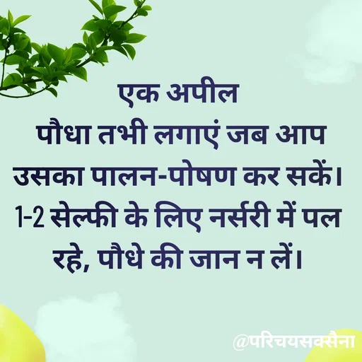 Quote by Parichay Saxena - एक अपील
 पौधा तभी लगाएं जब आप उसका पालन-पोषण कर सकें। 1-2 सेल्फी के लिए नर्सरी में पल रहे, पौधे की जान न लें। - Made using Quotes Creator App, Post Maker App