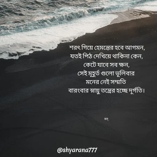 Quote by Mansi (  मन्) -  শরৎ গিয়ে হেমন্তের হবে আগমন,
যতই পিঠ দেখিয়ে থাকিনা কেন,
কেটে যাবে সব ক্ষন,
সেই মূহূর্ত গুলো ভূলিবার 
মনের নেই সম্মতি 
বারংবার স্নায়ু তন্ত্রের হচ্ছে দূর্গতি।




মন্  - Made using Quotes Creator App, Post Maker App