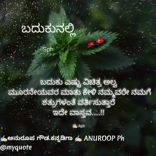 Quote by ಅನುರೂಪ ಗೌಡ.ಕನ್ನಡಿಗಾ - ಬದುಕು ಎಷ್ಟು ವಿಚಿತ್ರ ಅಲ್ವ
 ಮೂರನೇಯವರ ಮಾತು ಕೇಳಿ ನಮ್ಮವರೇ ನಮಗೆ
 ಶತ್ರುಗಳಂತೆ ವರ್ತಿಸುತ್ತಾರೆ 
ಇದೇ ವಾಸ್ತವ....!!

✍🏻 Aphಬದುಕುನಲ್ಲಿ

Sph - Made using Quotes Creator App, Post Maker App