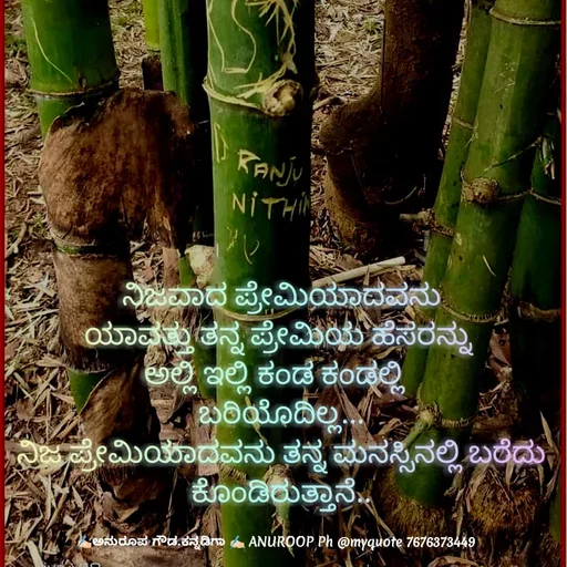 Quote by ಅನುರೂಪ ಗೌಡ.ಕನ್ನಡಿಗಾ - ನಿಜವಾದ ಪ್ರೇಮಿಯಾದವನು
ಯಾವತ್ತು ತನ್ನ ಪ್ರೇಮಿಯ ಹೆಸರನ್ನು 
ಅಲ್ಲಿ ಇಲ್ಲಿ ಕಂಡ ಕಂಡಲ್ಲಿ  
ಬರಿಯೊದಿಲ್ಲ...
ನಿಜ ಪ್ರೇಮಿಯಾದವನು ತನ್ನ ಮನಸ್ಸಿನಲ್ಲಿ ಬರೆದು ಕೊಂಡಿರುತ್ತಾನೆ.. - Made using Quotes Creator App, Post Maker App