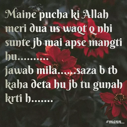 Quote by Shaheen Ali - Maine pucha ki Allah meri dua us waqt q nhi sunte jb mai apse mangti hu..........
jawab mila......saza b tb kaha deta hu jb tu gunah krti h....... - Made using Quotes Creator App, Post Maker App