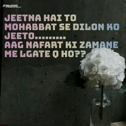 Quote by Mannat - jeetna hai to Mohabbat se dilon ko jeeto.........
aag nafart ki zamane me lgate q ho?? - Made using Quotes Creator App, Post Maker App