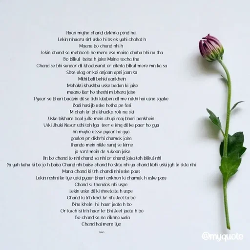 Quote by 🙂 - Haan mujhe chand dekhna psnd hai 
Lekin nihaaru sirf usko hi bs ek yahi chahat h
Maana bo chand nhi h 
Lekin chand sa mehboob ho mera esa maine chaha bhi na tha
Bo bilkul  baisa h jaise Maine socha tha 
Chand se bhi sundar dil khoobsurat or dikhta bilkul mere mn ka sa
Sbse alag or koi anjaan apni jaan sa
Mithi boli behki aankhein
 Mehakti khushbu uske badan ki jaise
maano itar ho sheshi m bhara jaise 
Pyaar se bhari baatein dil se likhi kitaben dil me rakhi hai usne sajake 
Badi hasi jb uske hotho pe fasi
M chah kr bhi khudko rok na ski
Uske bikhare baal julfo mein chupi raaj bhari aankhein 
Uski Jhuki Nazar uthi toh lga  teer e ishq dil ke paar ho gya 
hn mujhe ussse pyaar ho gya 
gaalon pr dikhrhi chamak jaise 
thando mein nikle suraj se kirne
 jo sard mein de sukoon jaise
 Hn bo chand to nhi chand sa nhi or chand jaisa toh bilkul nhi 
Ya yuh kahu ki bo jo h baisa Chand nhi baise chand ho skta nhi ya chand kbhi uski jgh le skta nhi 
Mana chand ki trh chandi nhi uske paas 
Lekin roshni ke liye uski pyaar bhari ankhon ki chamak h uske pass 
Chand si  thandak nhi uspe 
Lekin uske dil ki sheetalta h uspe 
Chand ki trh khel kr nhi Jeet ta bo 
Bina khele  hi  haar jaata h bo
Or kuch isi trh haar kr bhi Jeet jaata h bo
  Bo chand sa na dikhne wala 
Chand hai mere liye 

Gauri  - Made using Quotes Creator App, Post Maker App