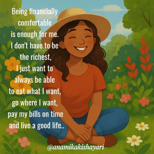 Quote by Anamika ki shayari - Being financially 
comfortable 
is enough for me. 
I don't have to be 
the richest,
I just want to 
always be able 
to eat what I want, 
go where I want, 
pay my bills on time
 and live a good life.. - Made using Quotes Creator App, Post Maker App