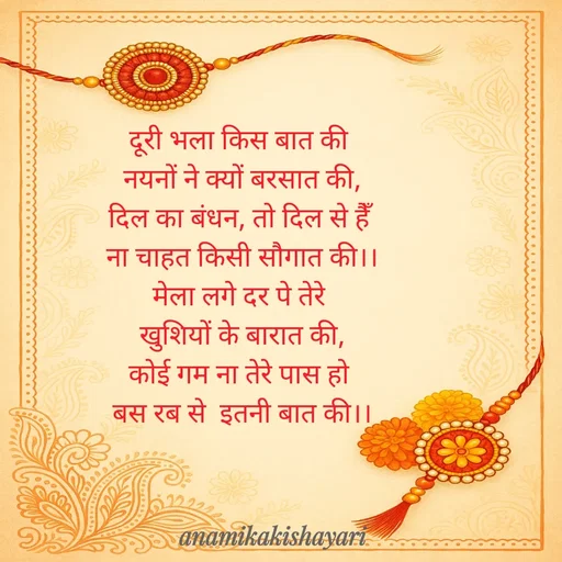 Quote by Anamika ki shayari - दूरी भला किस बात की 
नयनों ने क्यों बरसात की,
दिल का बंधन, तो दिल से हैँ 
ना चाहत किसी सौगात की।।
मेला लगे दर पे तेरे 
खुशियों के बारात की,
कोई गम ना तेरे पास हो 
बस रब से  इतनी बात की।। - Made using Quotes Creator App, Post Maker App