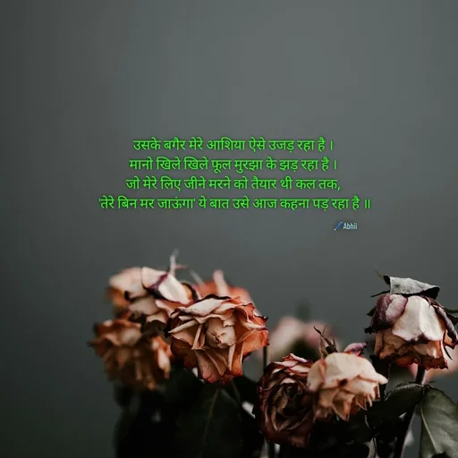 Quote by Himan Panka - उसके बगैर मेरे आशिया ऐसे उजड़ रहा है ।
मानो खिले खिले फूल मुरझा के झड़ रहा है ।
जो मेरे लिए जीने मरने को तैयार थी कल तक,
 'तेरे बिन मर जाऊंगा' ये बात उसे आज कहना पड़ रहा है ॥🖊️Abhii - Made using Quotes Creator App, Post Maker App
