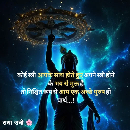 Quote by राधा रानी 🌸 - कोई स्त्री आपके साथ होते हुए अपने स्त्री होने के भय से मुक्त है
तो निश्चित रूप से आप एक अच्छे पुरुष हो पार्थ...! - Made using Quotes Creator App, Post Maker App