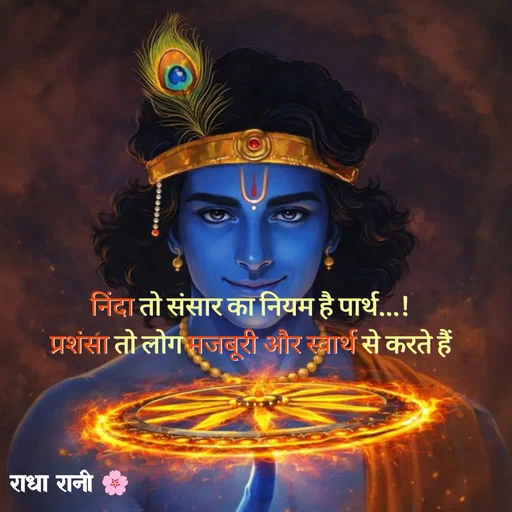 Quote by राधा रानी 🌸 - निंदा तो संसार का नियम है पार्थ...!
प्रशंसा तो लोग मजबूरी और स्वार्थ से करते हैं - Made using Quotes Creator App, Post Maker App
