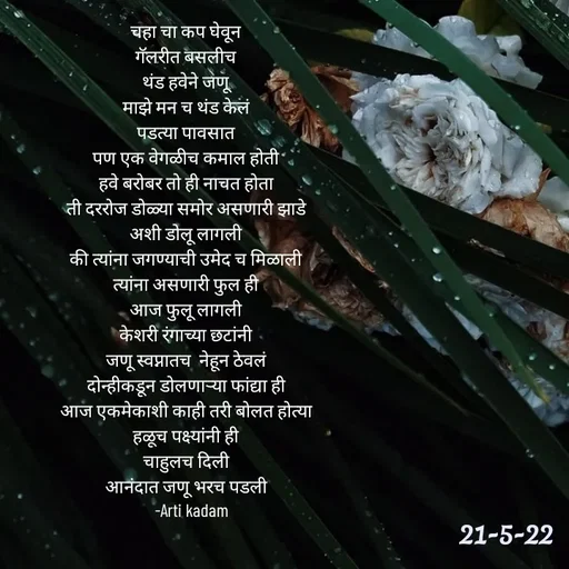 Quote by Arti kadam - चहा चा कप घेवून
गॅलरीत बसलीच
थंड हवेने जणू
माझे मन च थंड केलं
पडत्या पावसात
पण एक वेगळीच कमाल होती
हवे बरोबर तो ही नाचत होता
ती दररोज डोळ्या समोर असणारी झाडे
अशी डोलू लागली
की त्यांना जगण्याची उमेद च मिळाली
त्यांना असणारी फुल ही
आज फुलू लागली
केशरी रंगाच्या छटांनी
जणू स्वप्नातच  नेहून ठेवलं
दोन्हीकडून डोलणाऱ्या फांद्या ही
आज एकमेकाशी काही तरी बोलत होत्या
हळूच पक्ष्यांनी ही
चाहुलच दिली
 आनंदात जणू भरच पडली 
   -Arti kadam



 - Made using Quotes Creator App, Post Maker App