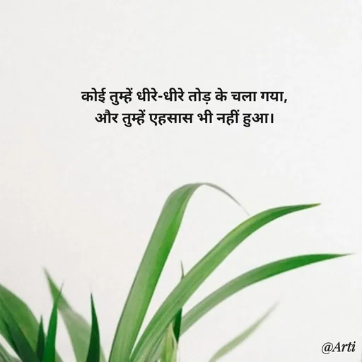 Quote by Arti kadam - कोई तुम्हें धीरे-धीरे तोड़ के चला गया,
और तुम्हें एहसास भी नहीं हुआ।

 - Made using Quotes Creator App, Post Maker App