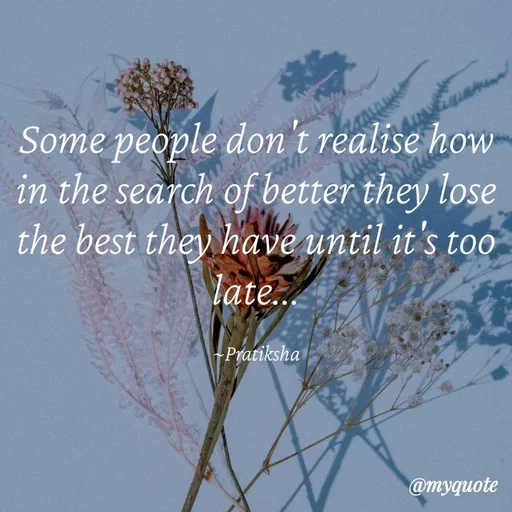 Quote by Pratiksha - Some people don't realise how in the search of better they lose the best they have until it's too late...

~Pratiksha - Made using Quotes Creator App, Post Maker App