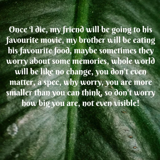Quote by WOW🎆_world of_wonderful - Once I die, my friend will be going to his favourite movie, my brother will be eating his favourite food, maybe sometimes they worry about some memories, whole world will be like no change, you don't even matter, a spec, why worry, you are more smaller than you can think, so don't worry how big you are, not even visible! - Made using Quotes Creator App, Post Maker App
