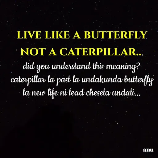 Quote by Anshu 💫 - live like a butterfly not a caterpillar...
did you understand this meaning?
caterpillar la past la undakunda butterfly la new life ni lead chesela undali... - Made using Quotes Creator App, Post Maker App