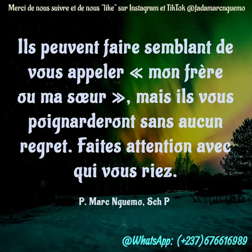 Quote by Marc Belomondo - Ils peuvent faire semblant de vous appeler « mon frère ou ma sœur », mais ils vous poignarderont sans aucun regret. Faites attention avec qui vous riez.

P. Marc Nguemo, Sch P Merci de nous suivre et de nous "like" sur Instagram et TikTok @fadamarcnguemo - Made using Quotes Creator App, Post Maker App