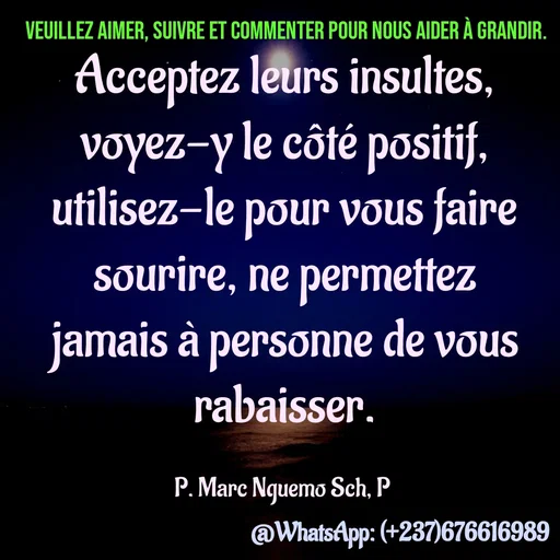Quote by Marc Belomondo - Acceptez leurs insultes, voyez-y le côté positif, utilisez-le pour vous faire sourire, ne permettez jamais à personne de vous rabaisser.

P. Marc Nguemo Sch, P Veuillez aimer, suivre et commenter pour nous aider à grandir. - Made using Quotes Creator App, Post Maker App