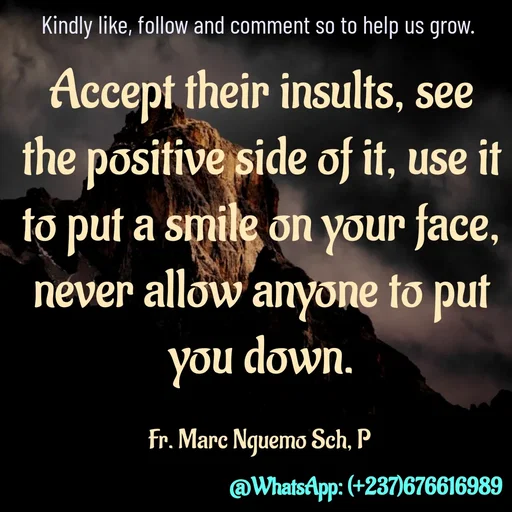 Quote by Marc Belomondo - Accept their insults, see the positive side of it, use it to put a smile on your face, never allow anyone to put you down.

Fr. Marc Nguemo Sch, P Kindly like, follow and comment so to help us grow. - Made using Quotes Creator App, Post Maker App
