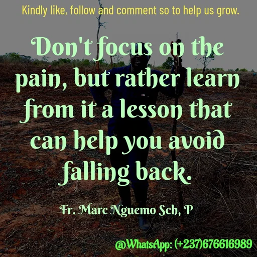 Quote by Marc Belomondo - Don't focus on the pain, but rather learn from it a lesson that can help you avoid falling back.

Fr. Marc Nguemo Sch, P Kindly like, follow and comment so to help us grow. - Made using Quotes Creator App, Post Maker App