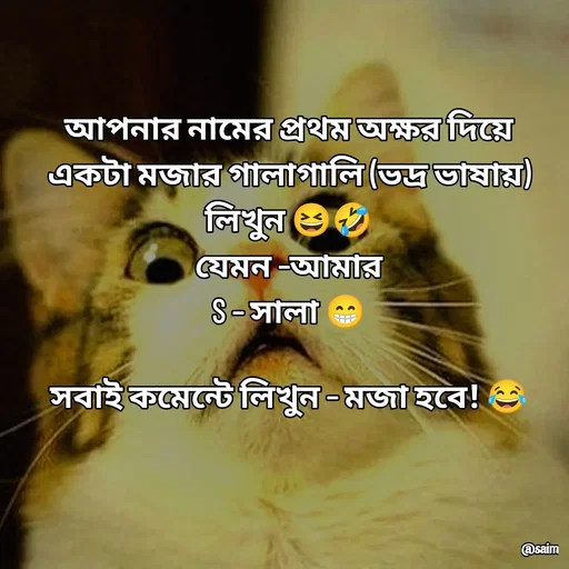 Quote by Saim Akhtar - আপনার নামের প্রথম অক্ষর দিয়ে একটা মজার গালাগালি (ভদ্র ভাষায়) লিখুন 😆🤣
যেমন –আমার
S – সালা 😁

সবাই কমেন্টে লিখুন – মজা হবে! 😂 - Made using Quotes Creator App, Post Maker App