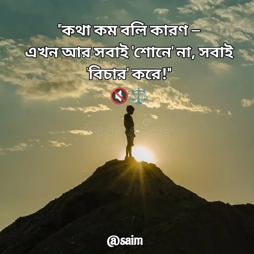 Quote by Saim Akhtar - "কথা কম বলি কারণ —
এখন আর সবাই 'শোনে' না, সবাই 'বিচার' করে!"
🔇⚖️ - Made using Quotes Creator App, Post Maker App