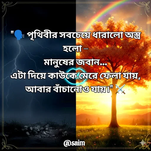Quote by Saim Akhtar - "🗣️ পৃথিবীর সবচেয়ে ধারালো অস্ত্র হলো –
মানুষের জবান…
এটা দিয়ে কাউকে মেরে ফেলা যায়,
আবার বাঁচানোও যায়।" ⚔️ - Made using Quotes Creator App, Post Maker App