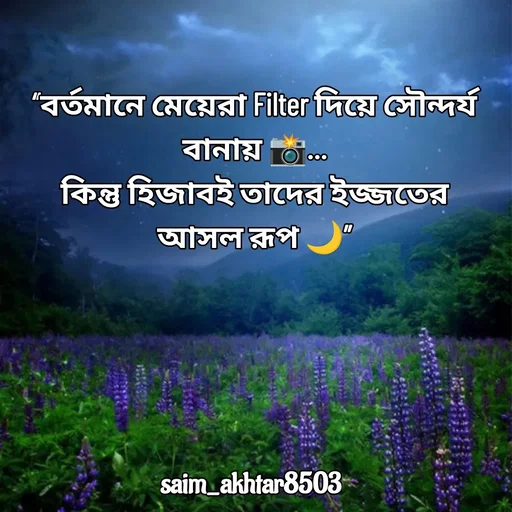 Quote by Saim Akhtar - “বর্তমানে মেয়েরা Filter দিয়ে সৌন্দর্য বানায় 📸…
কিন্তু হিজাবই তাদের ইজ্জতের আসল রূপ 🌙”
 - Made using Quotes Creator App, Post Maker App