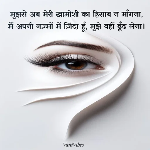 Quote by Vani Vibes - मुझसे अब मेरी खामोशी का हिसाब न माँगना,
मैं अपनी नज़्मों में ज़िंदा हूँ, मुझे वहीं ढूँढ लेना। - Made using Quotes Creator App, Post Maker App