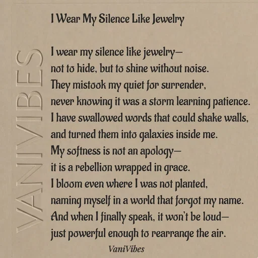 Quote by Vani Vibes - I Wear My Silence Like Jewelry

I wear my silence like jewelry—
not to hide, but to shine without noise.
They mistook my quiet for surrender,
never knowing it was a storm learning patience.
I have swallowed words that could shake walls,
and turned them into galaxies inside me.
My softness is not an apology—
it is a rebellion wrapped in grace.
I bloom even where I was not planted,
naming myself in a world that forgot my name.
And when I finally speak, it won’t be loud—
just powerful enough to rearrange the air.
 - Made using Quotes Creator App, Post Maker App
