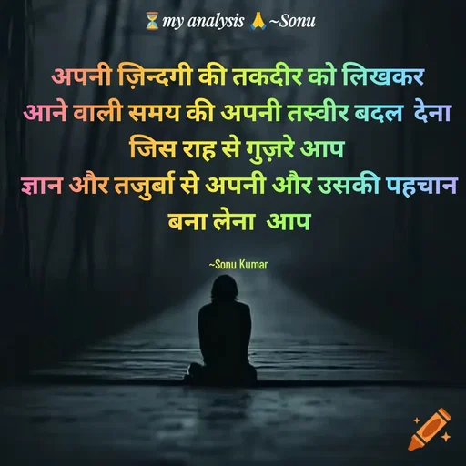 Quote by SK Mahto - अपनी ज़िन्दगी की तकदीर को लिखकर 
आने वाली समय की अपनी तस्वीर बदल  देना 
जिस राह से गुज़रे आप 
ज्ञान और तजुर्बा से अपनी और उसकी पहचान बना लेना  आप

~Sonu Kumar  - Made using Quotes Creator App, Post Maker App