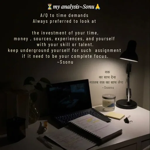 Quote by SK Mahto - A/Q to time demands 
Always preferred to look at 

the investment of your time,
money , sources, experiences, and yourself 
with your skill or talent.
keep underground yourself for such  assignment 
if it need to be your complete focus.
~Ssonuवक्त 
का साथ देना 
मतलब वक्त का साथ लेना ।
~Ssonu - Made using Quotes Creator App, Post Maker App