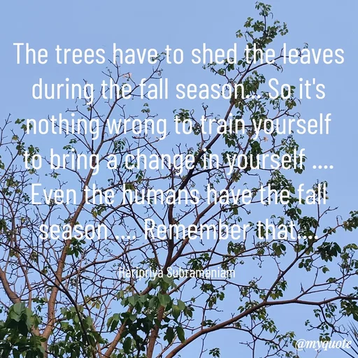 Quote by Haripriya Subramaniam - The trees have to shed the leaves during the fall season... So it's nothing wrong to train yourself to bring a change in yourself .... Even the humans have the fall season .... Remember that....

Haripriya Subramaniam  - Made using Quotes Creator App, Post Maker App