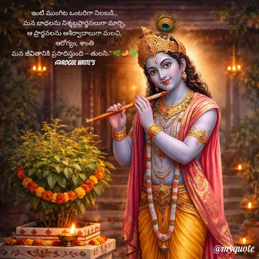Quote by Loka Rogue - ఇంటి ముంగిట ఒంటరిగా నిలబడి,,
మన బాధలను నిశ్శబ్దప్రార్థనలుగా మార్చి,
ఆ ప్రార్థనలను ఆశీర్వాదాలుగా మలచి,
ఆరోగ్యం, శాంతి
మన జీవితానికి ప్రసాదిస్తుంది — తులసి.” 🌿🪔💚
@ROGUE WRITE'S - Made using Quotes Creator App, Post Maker App