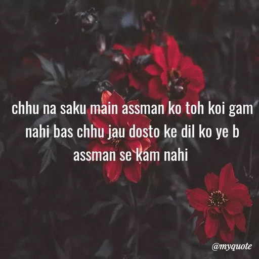 Quote by Nishan Singh - chhu na saku main assman ko toh koi gam nahi bas chhu jau dosto ke dil ko ye b assman se kam nahi  - Made using Quotes Creator App, Post Maker App