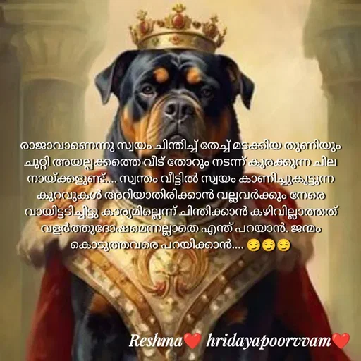 Quote by Sivedhya San - രാജാവാണെന്നു സ്വയം ചിന്തിച്ച് തേച്ച് മടക്കിയ തുണിയും ചുറ്റി അയല്പക്കത്തെ വീട് തോറും നടന്ന് കുരക്കുന്ന ചില നായ്ക്കളുണ്ട്.... സ്വന്തം വീട്ടിൽ സ്വയം കാണിച്ചുകൂട്ടുന്ന കുറവുകൾ അറിയാതിരിക്കാൻ വല്ലവർക്കും നേരെ വായിട്ടടിച്ചിട്ടു കാര്യമില്ലെന്ന് ചിന്തിക്കാൻ കഴിവില്ലാത്തത് വളർത്തുദോഷമെന്നല്ലാതെ എന്ത് പറയാൻ. ജന്മം കൊടുത്തവരെ പറയിക്കാൻ.... 😏😏😏 - Made using Quotes Creator App, Post Maker App