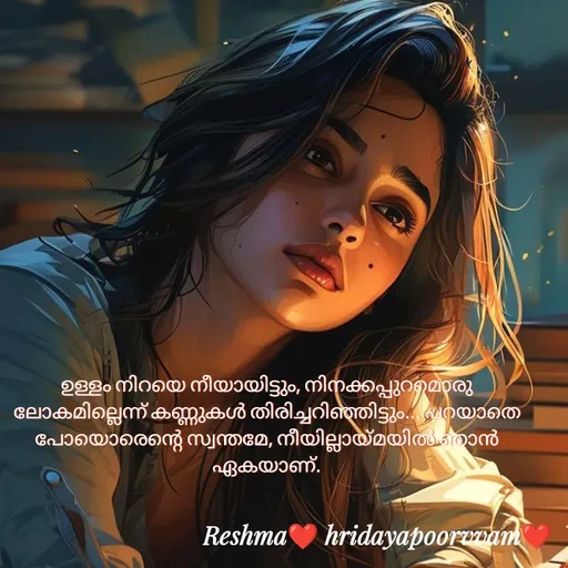 Quote by Sivedhya San - ഉള്ളം നിറയെ നീയായിട്ടും, നിനക്കപ്പുറമൊരു ലോകമില്ലെന്ന് കണ്ണുകൾ തിരിച്ചറിഞ്ഞിട്ടും... പറയാതെ പോയൊരെന്റെ സ്വന്തമേ, നീയില്ലായ്മയിൽ ഞാൻ ഏകയാണ്. - Made using Quotes Creator App, Post Maker App